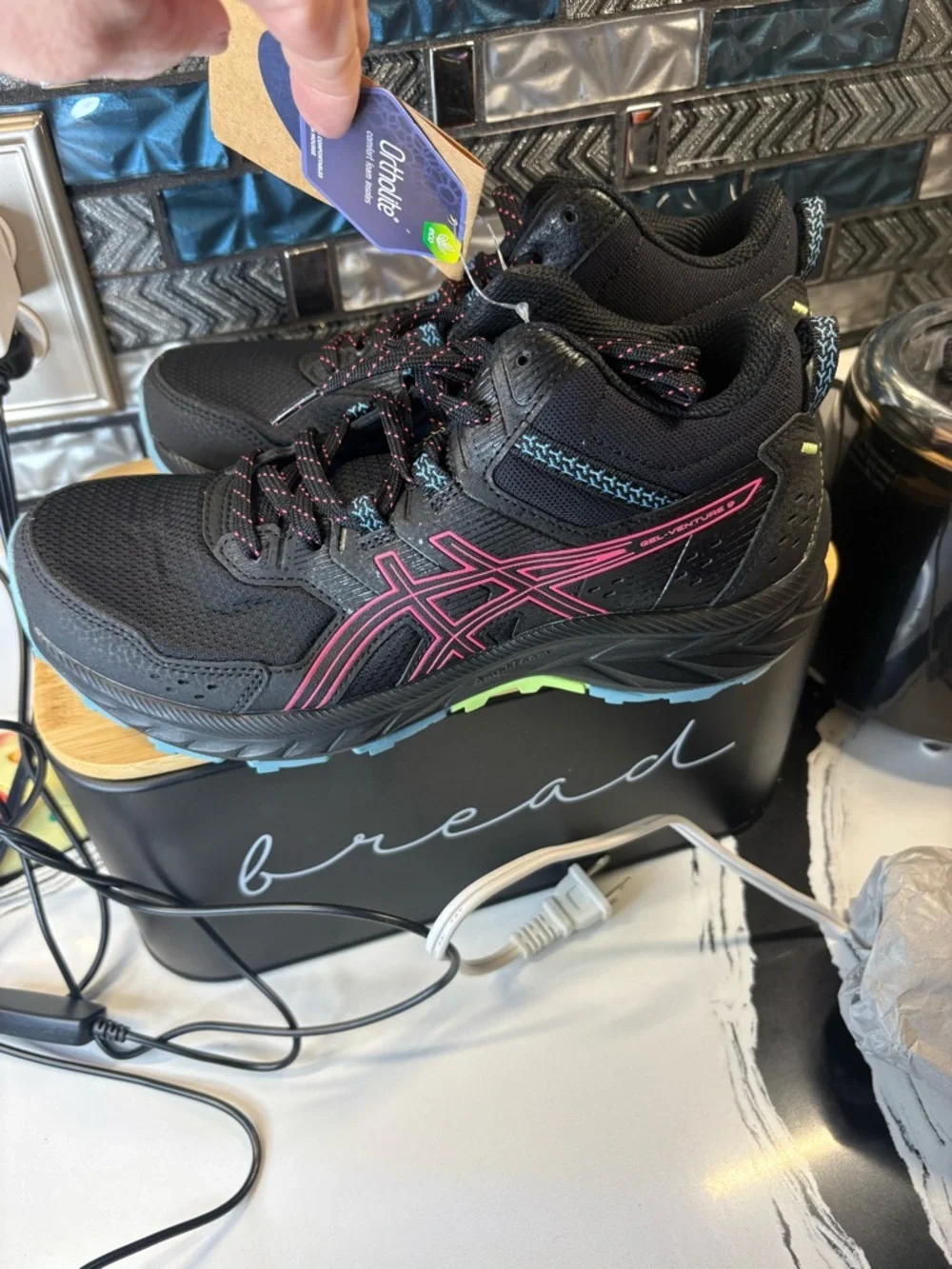 ASICS Black Sneakers with Pink and Light Blue Details
